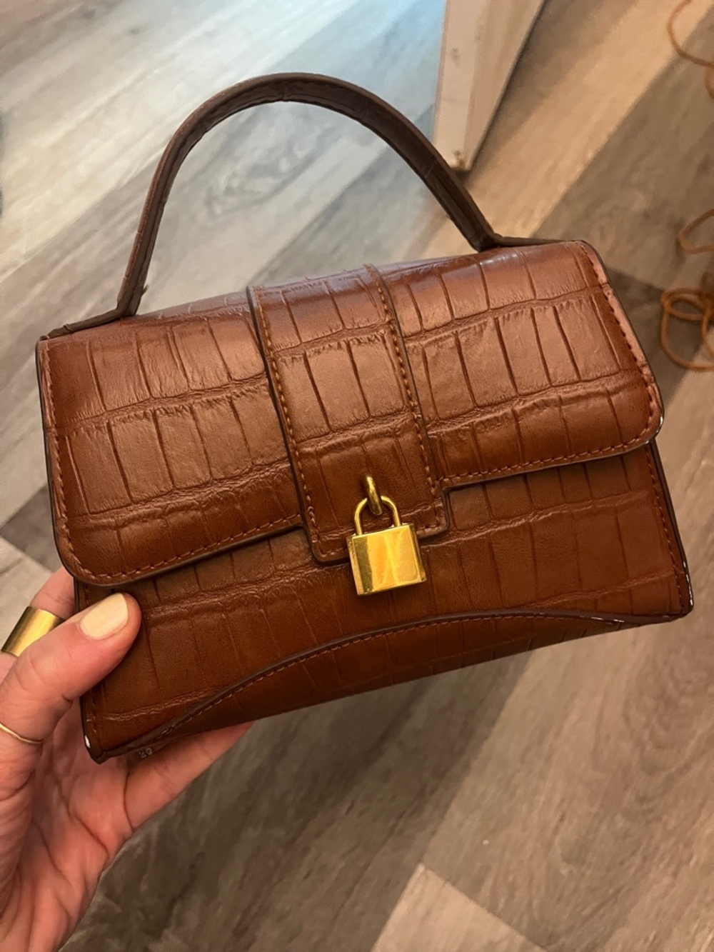Mango Brown Croc-Embossed Top Handle Satchel with Gold Padlock - Picture 2 of 3